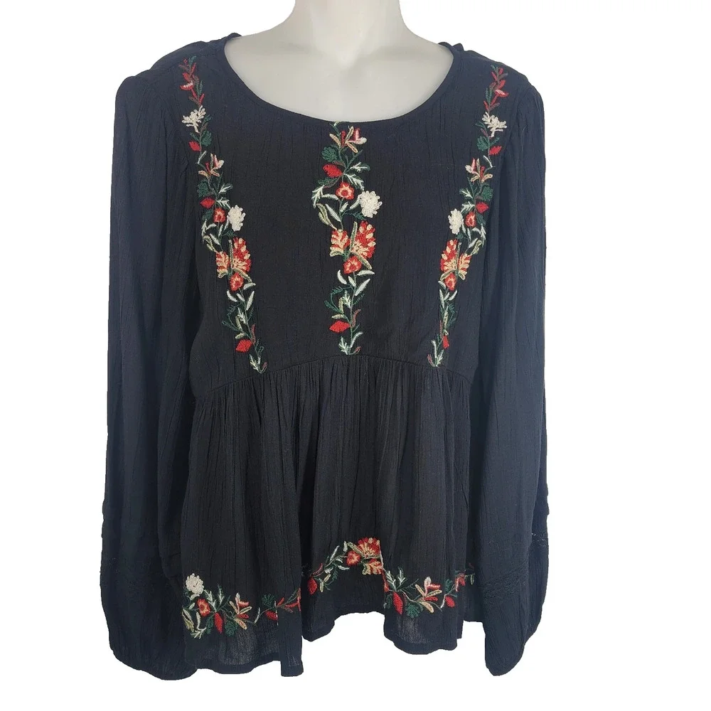 American Eagle Womens Embroidered Peasant Top Peplum Open Back Tie Black Sz XS - Picture 1 of 13